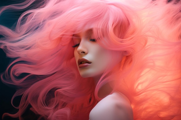 Portret młodej kobiety o różowych włosach z cyfrowym efektem holograficznym