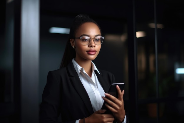 Portret młodej kobiety-przedsiębiorcy korzystającej z telefonu w pracy, stworzony za pomocą generatywnej sztucznej inteligencji