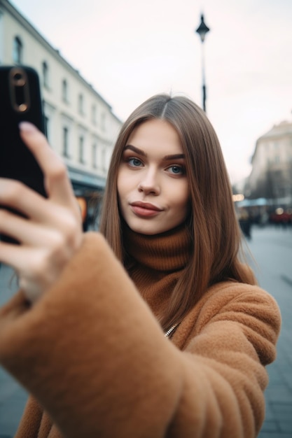 Portret młodej kobiety robiącej selfie na telefonie