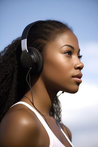 Portret młodej kobiety słuchającej muzyki i ćwiczącej na świeżym powietrzu stworzony za pomocą generatywnej sztucznej inteligencji