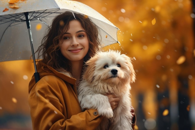 portret młodej kobiety spacerującej z psem w parku w jesienny deszczowy dzień trzymającej parasolkę AI Generate