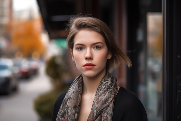 Portret młodej kobiety stojącej na zewnątrz na chodniku stworzony za pomocą generatywnej sztucznej inteligencji