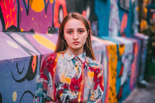 Portret młodej kobiety stojącej przed graffiti