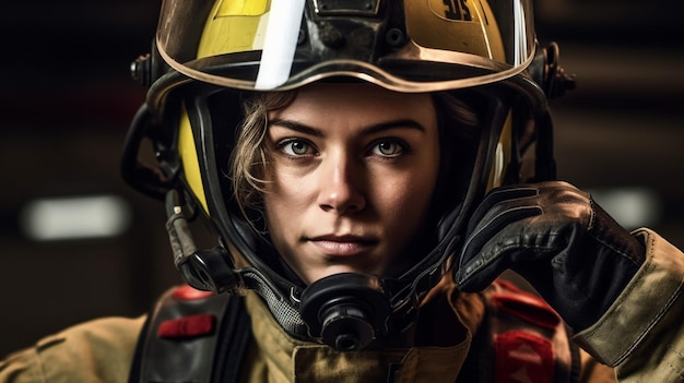 Portret młodej kobiety strażaka stojącej w pobliżu wozu strażackiego