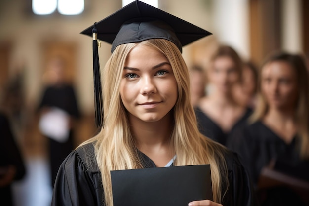 Zdjęcie portret młodej kobiety trzymającej dyplom uniwersytecki z przyjaciółmi w tle