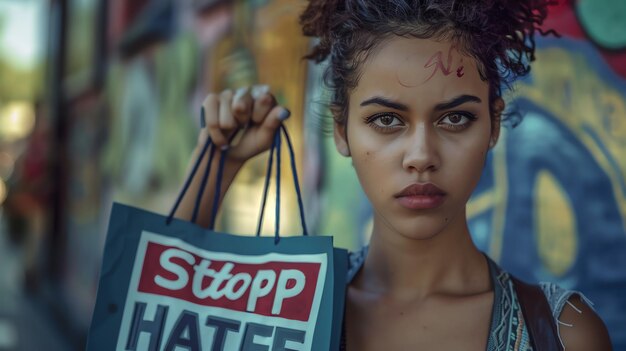 Zdjęcie portret młodej kobiety trzymającej torbę z napisem stop hate