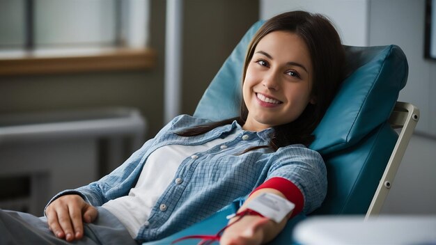 Portret młodej kobiety uśmiechającej się do kamery leżąc na kanapie i oddającej krew w szpitalu