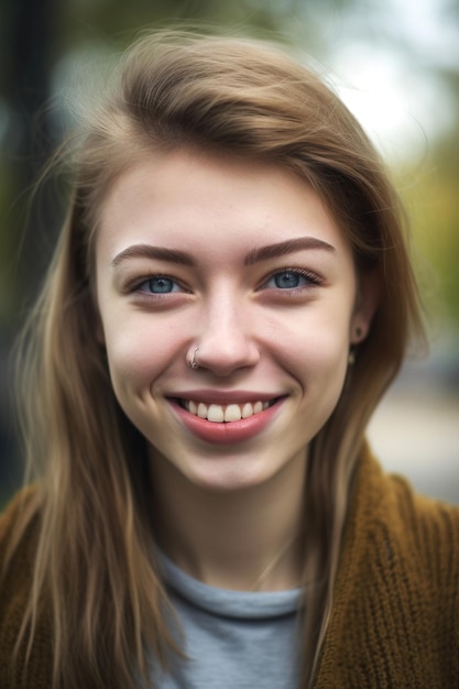 Portret młodej kobiety uśmiechającej się do kamery stworzony za pomocą sztucznej inteligencji generatywnej