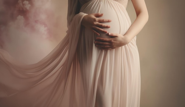 Portret młodej kobiety w ciąży trzymającej się za ręce na brzuchu. Kopiuj oczekiwanie dotyczące miejsca