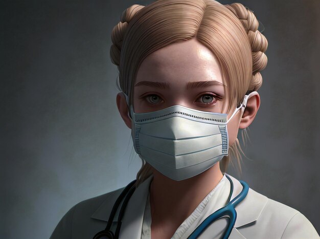 Portret młodej kobiety w masce medycznej na niebieskim tle z miejscem na tekst