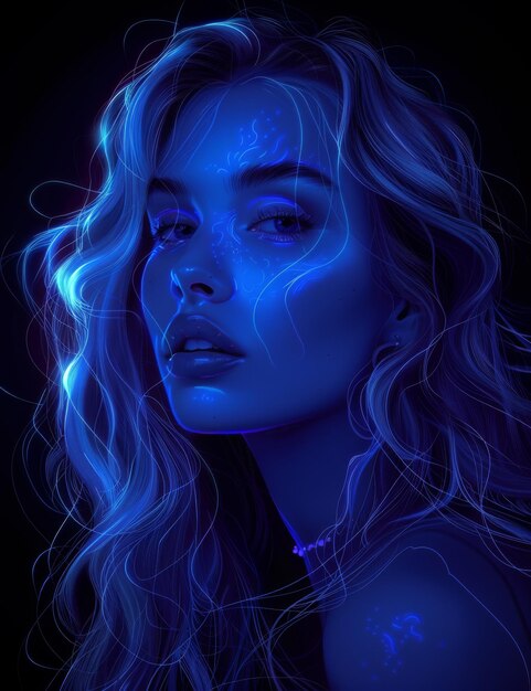 portret młodej kobiety w niebieskich świecących światłach