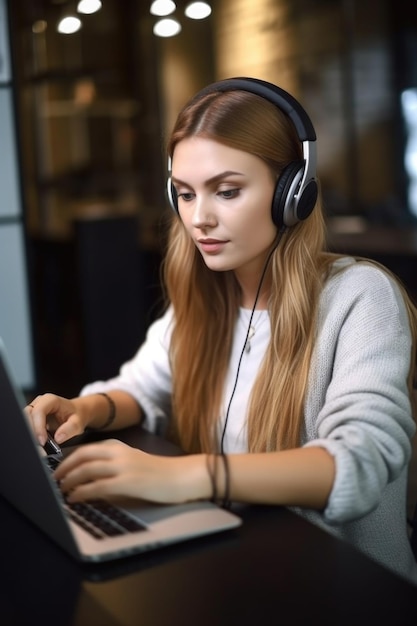 Portret młodej kobiety w słuchawkach i korzystającej z laptopa w pracy, stworzony za pomocą generatywnej sztucznej inteligencji