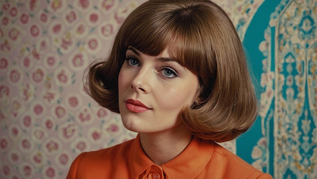 Portret młodej kobiety w stylu lat sześćdziesiątych z jasnymi kolorami w stylu retro generatywny AI