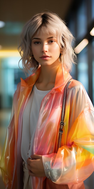 Portret młodej kobiety w stylu różowo-azurowym niosącej przejrzystą torbę Generative AI