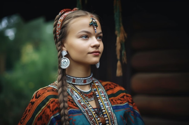 Portret młodej kobiety w tradycyjnych ubraniach stojącej na zewnątrz stworzony za pomocą generatywnego ai