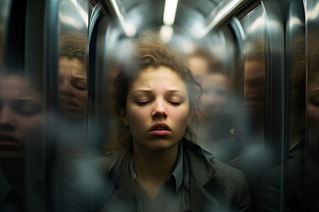 Portret młodej kobiety w wagonie metra, osoba z zamazanym tłem, dojeżdżająca do pracy metrem w godzinach szczytu, ukazująca jej zmieszany nastrój i zniecierpliwienie. Wygenerowano sztuczną inteligencję