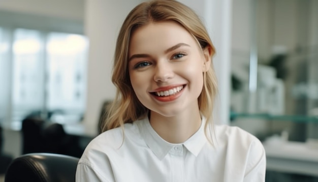 Portret młodej kobiety z idealnym uśmiechem spojrzenie na aparat