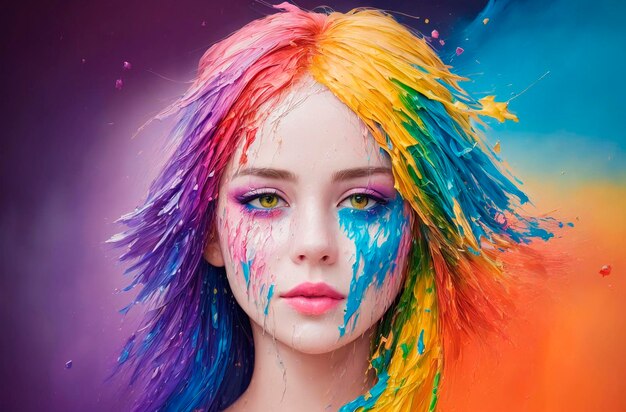 Portret młodej kobiety z kolorowych, wielobarwnych plam farby Generative AI