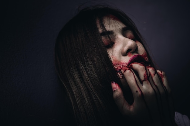 Portret młodej kobiety z makijażem halloween na ścianie
