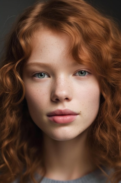 Portret młodej kobiety z piegami i rudymi włosami