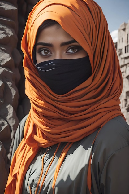 Portret młodej kobiety zakrywającej twarz szalikiem