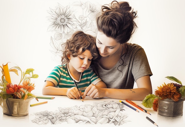 Zdjęcie portret młodej matki i jej małego dziecka, uczących się rysowania
