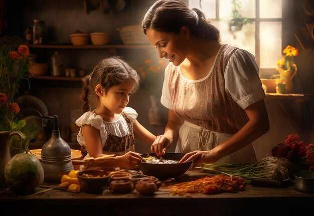 Portret młodej matki i jej małej córki gotującej razem w kuchni