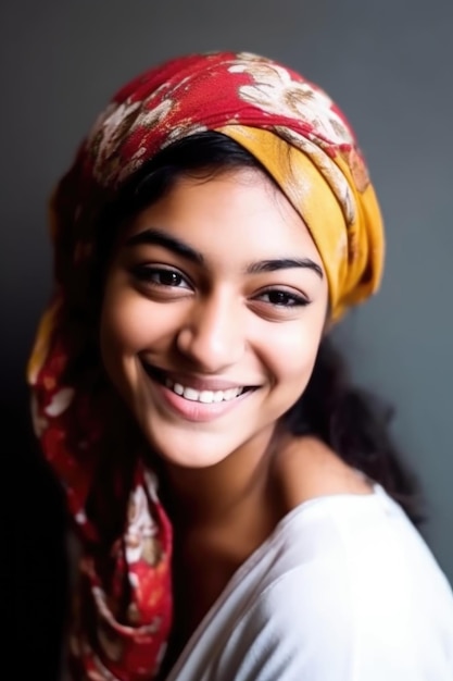 Portret młodej muzułmanki uśmiechającej się i trzymającej chustę na głowie