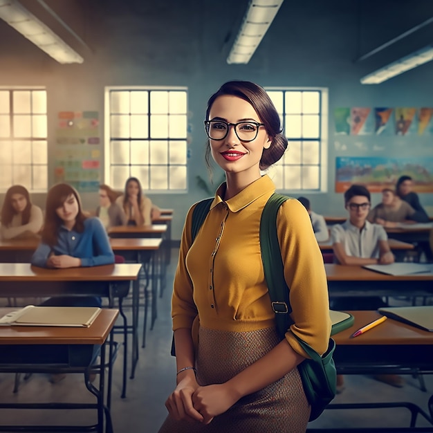 Portret młodej nauczycielki pozuje przed kamerą w klasie