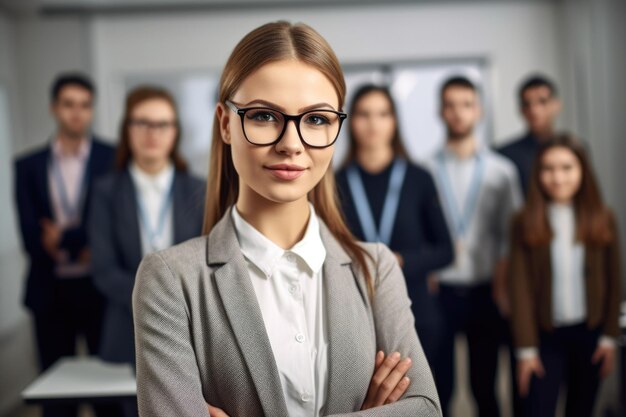 Portret młodej nauczycielki stojącej z klasą w tle stworzony za pomocą generatywnej sztucznej inteligencji