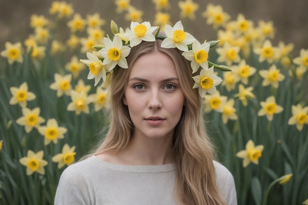 Portret młodej nordyckiej kobiety z aureolą narcyzów