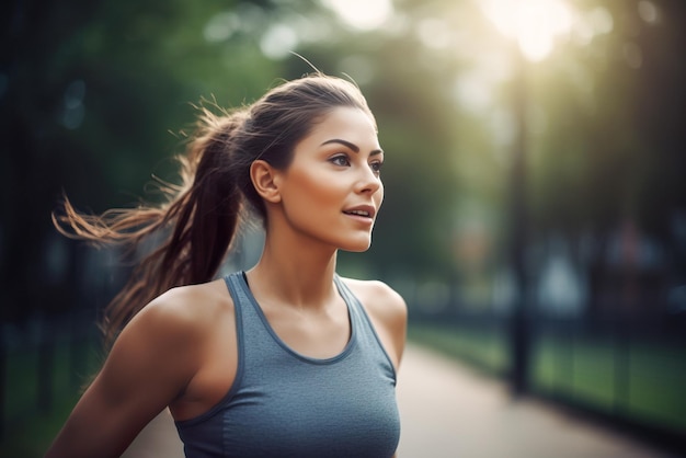 Portret młodej, pięknej Amerykanki rasy kaukaskiej w odzieży sportowej Generative AI