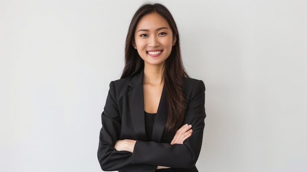 Portret młodej pięknej azjatyckiej bizneswoman stojącej i uśmiechniętej odizolowanej na białym tle