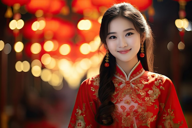 Portret młodej pięknej chińskiej azjatyckiej kobiety z czerwoną tradycyjną chińską sukienką Generative Ai