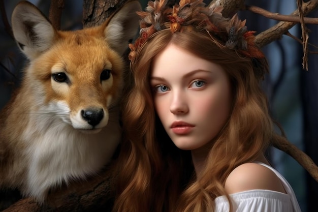Portret młodej pięknej dziewczyny z lisem w lesie