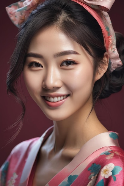 Portret młodej pięknej japońskiej koreańskiej kobiety Uśmiech szczęśliwej twarzy modna azjatycka dziewczyna