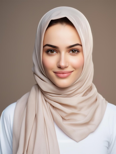 Portret młodej pięknej kobiety w hidżabie z miękkim uśmiechem
