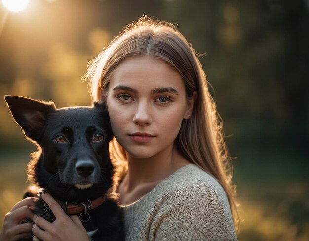 Portret młodej pięknej kobiety z jej ukochanym psem pokolenie AI