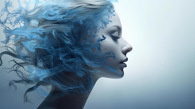 Portret młodej pięknej kobiety z niebieskimi falami wodnymi wykonany w technice podwójnej ekspozycji