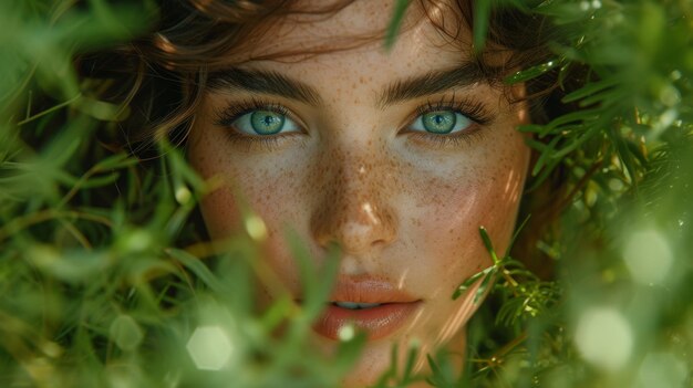 Portret młodej pięknej kobiety z zielonymi oczami w trawie Generatywna sztuczna inteligencja