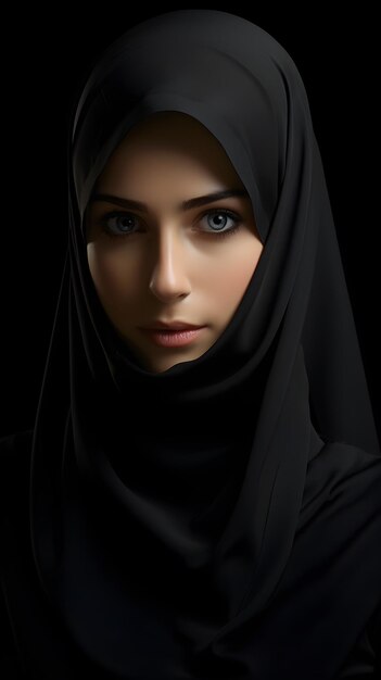 Portret młodej pięknej muzułmańskiej kobiety w hidżabie na czarnym tle