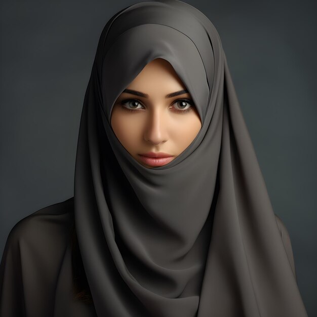 Zdjęcie portret młodej pięknej muzułmańskiej kobiety w hidżabie na szarym tle