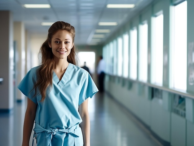 Portret młodej pielęgniarki na korytarzu szpitala Asystentka medyczna stojąca w szpitalu