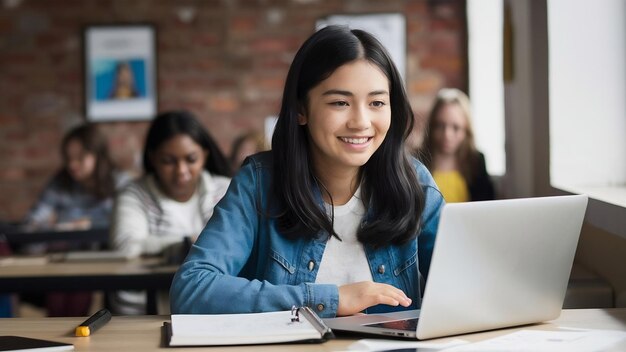 Portret młodej studentki uśmiechniętej pracującej i uczącej się na laptopie