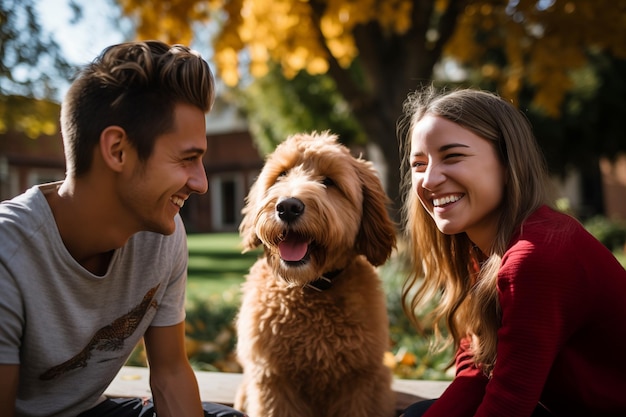 Portret młodej szczęśliwej pary z psem w parku