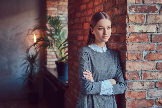 Portret młodej, szczupłej, zmysłowej dziewczyny w szarej sukience, opierając się ag