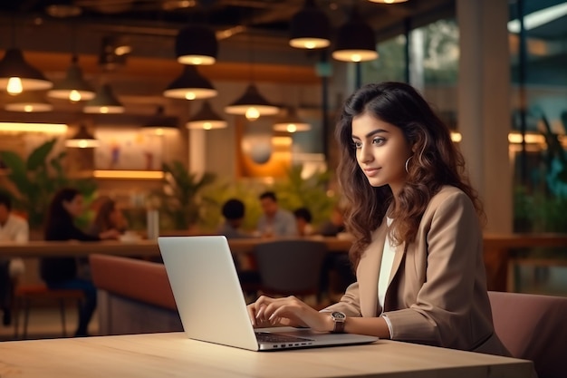 Portret młodej udanej białej bizneswoman siedzącej przy biurku pracującej na laptopie w języku C