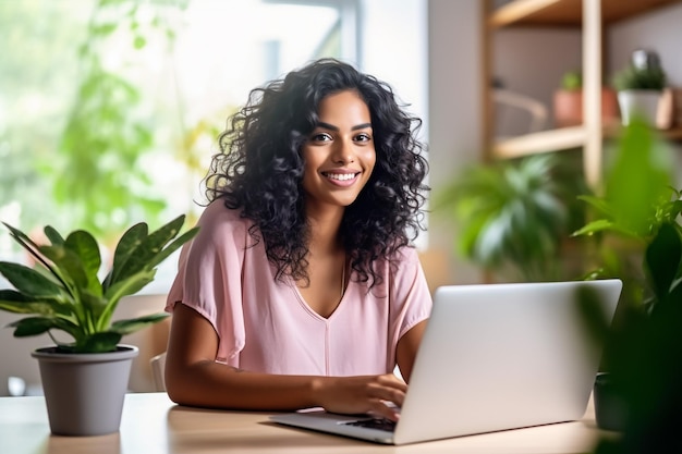 Portret młodej udanej białej bizneswoman siedzącej przy biurku pracującej na laptopie w języku C