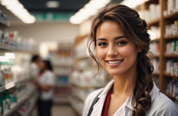 Zdjęcie portret młodej uśmiechniętej farmaceutki z doświadczeniem farmaceutycznym