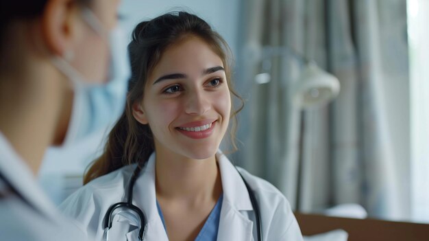 Portret młodej uśmiechniętej lekarki lub pielęgniarki ze stetoskopem w koncepcji opieki zdrowotnej szpitala